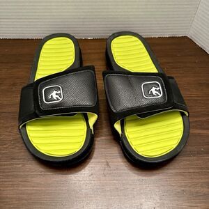 AND1 Slide Sandals Boy Sz 5-6 Black Neon Yellow Adjustable Beach Shower Shoes